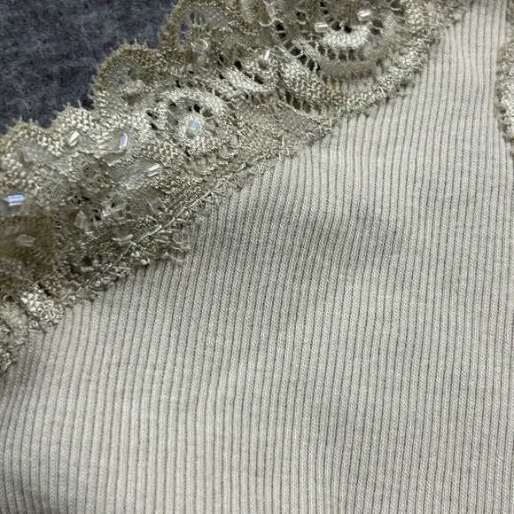 Vtg Y2K Lace Trimmed Tank Top Womens Sz XL Beige Fairycore Beaded Coquette Fairy - Picture 8 of 13